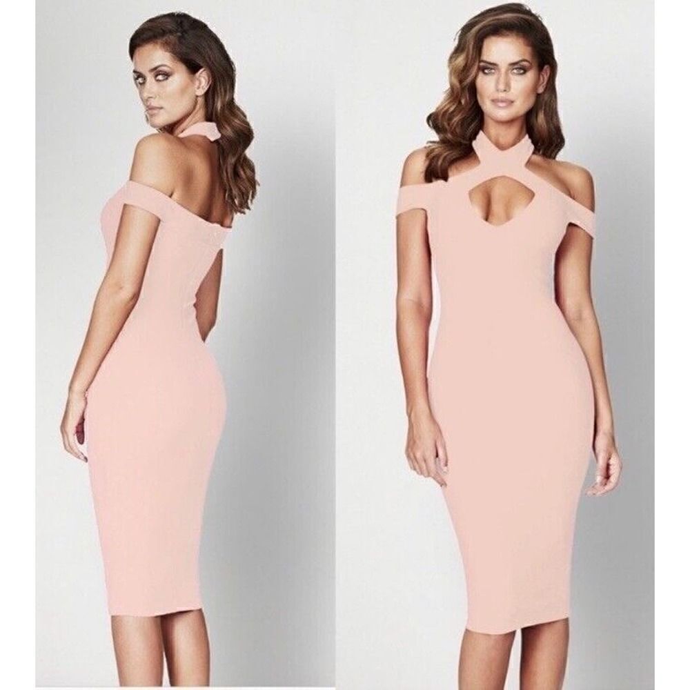 Nookie size XS Hollywood Midi Dress Blush Pink Lined Stretch cocktail prom NWT